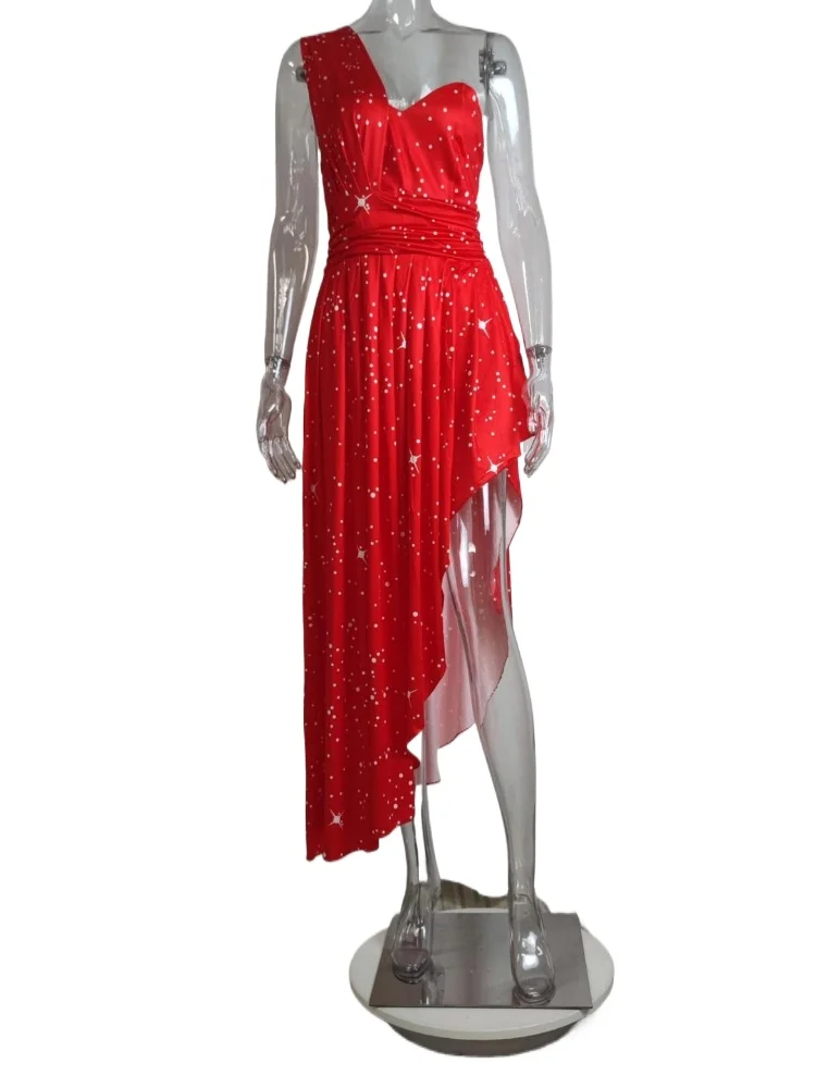 

Chic High Low One Shoulder Ruched Mid Length Dress