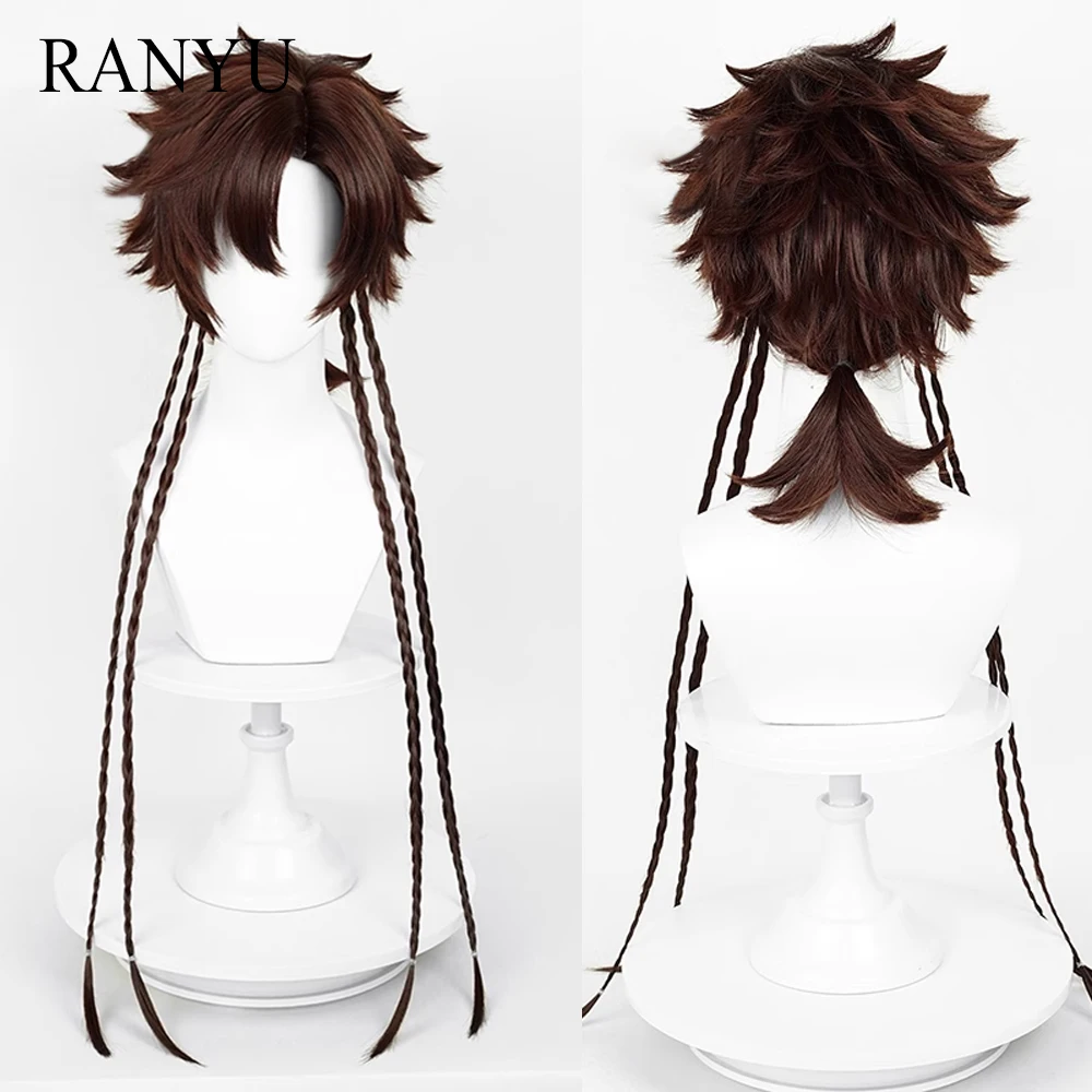 RANYU Men Brown Long Short Straight Wig Mullet Jellyfish Head Synthetic Anime Cosplay Hair Wig for Daily Party