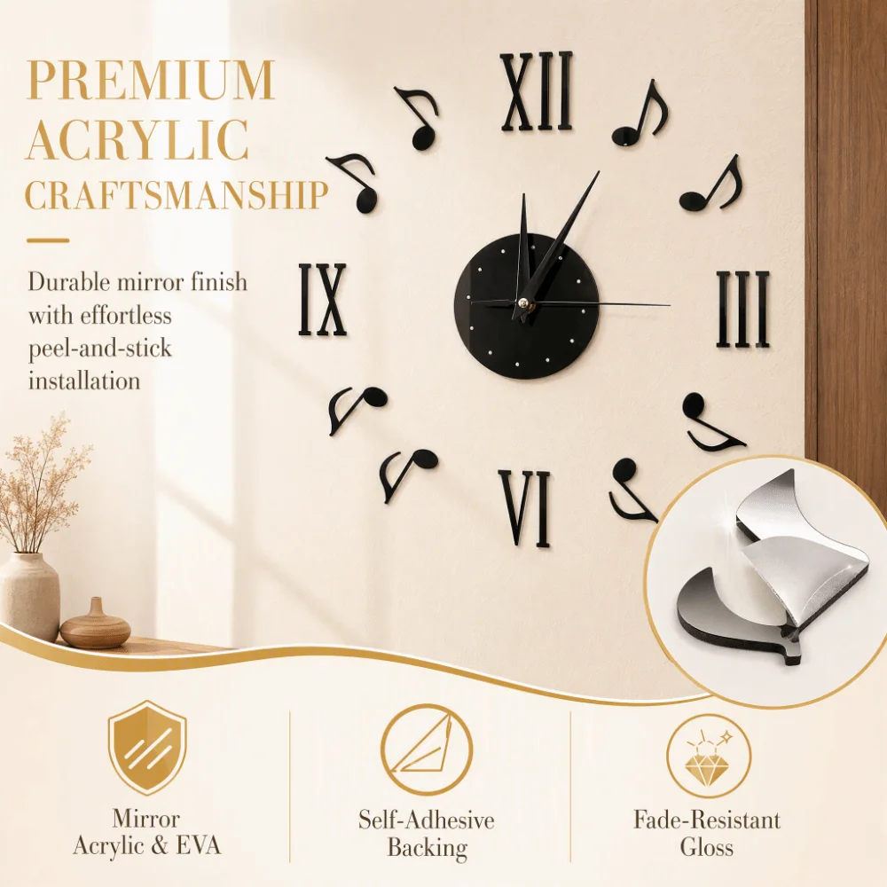 14.17in Music Note Wall Clock Acrylic Round Shape Frameless Wall Clock Roman Numerals 3D Design Sticker Decor Clock Bedroom