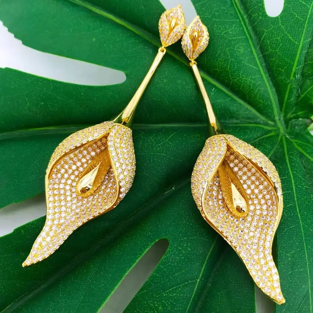 

Missvikki Fashion Full CZ New HOT Bridal Jewelry Gift Luxury Long Lily Flower Dangle Earrings for Women Girl Party High Quality