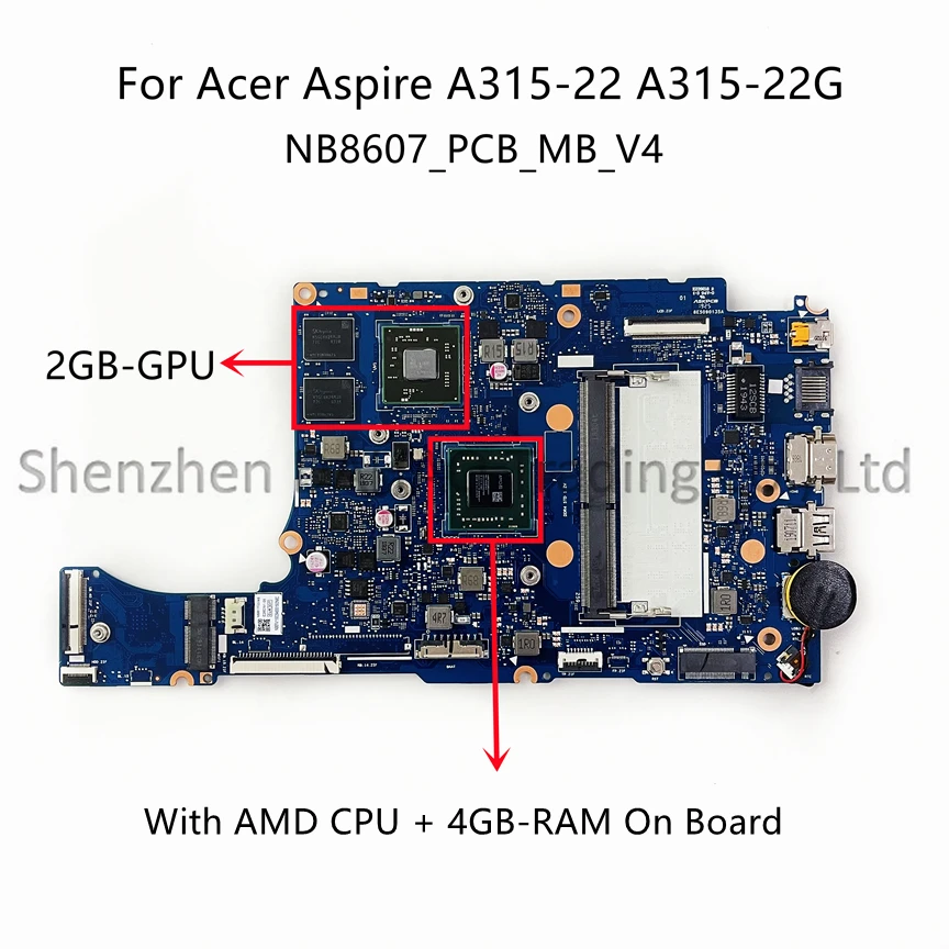 For Acer Aspire A315-22 A315-22G Laptop Motherboard With A4 A9 CPU 4G-RAM 2G-GPU DDR4 NB8617H02-MB NB8607_PCB_MB_V4 100% Working