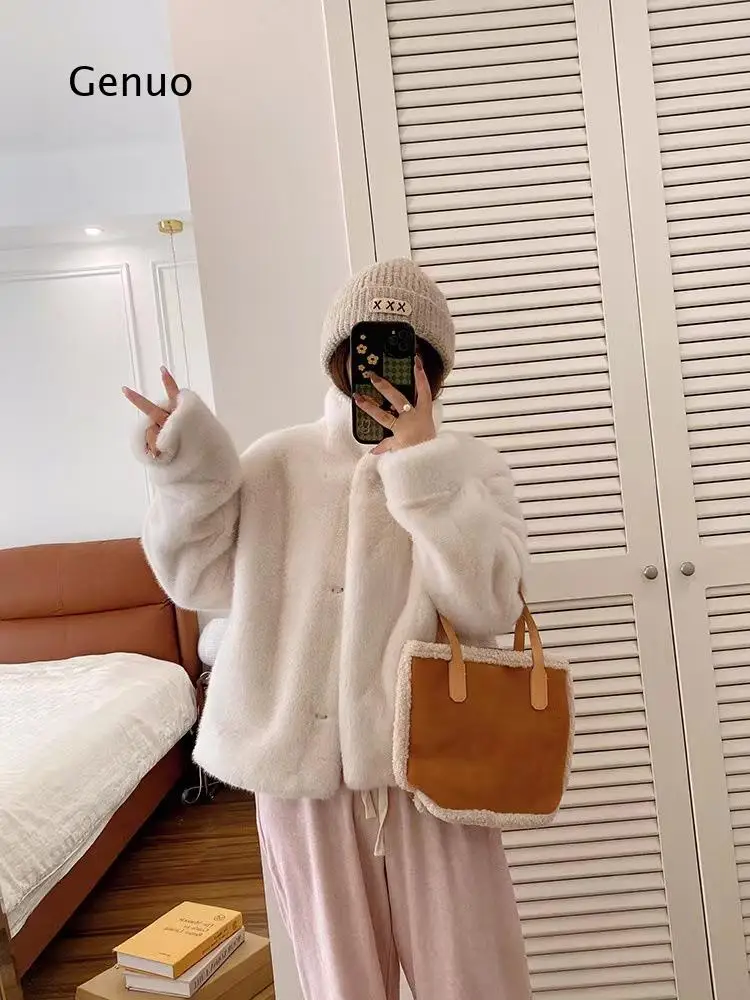 Women Faux Mink Fur Coat Stand Collar Short Winter Warm Overcoat Fluffy Outerwear for Daily Casual