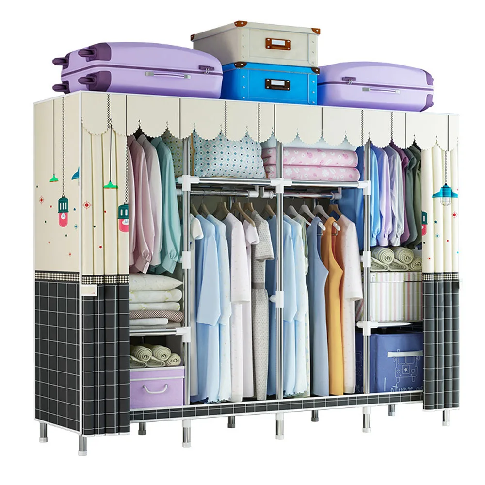 62cm-245cm Cloth Wardrobe Thickened Steel Pipe Reinforced Thickened Household Bedroom Economical Simple Wardrobe