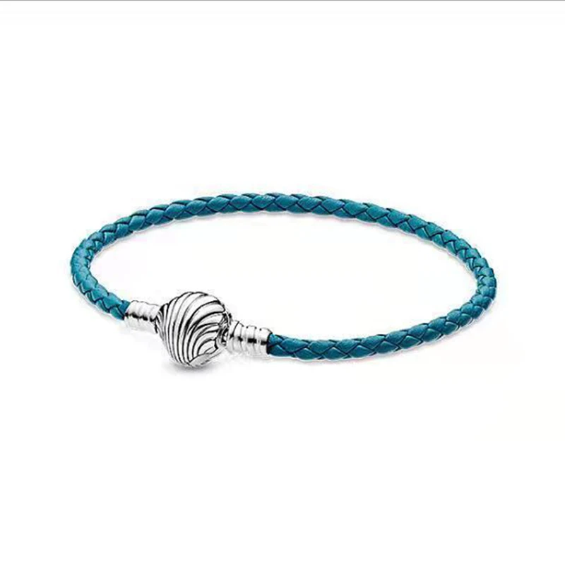 Pulsera de piel trenzada turquesa para mujer, brazalete de plata 925 con hebilla de cadena de concha, regalo de joyería encantador artesanal, novedad