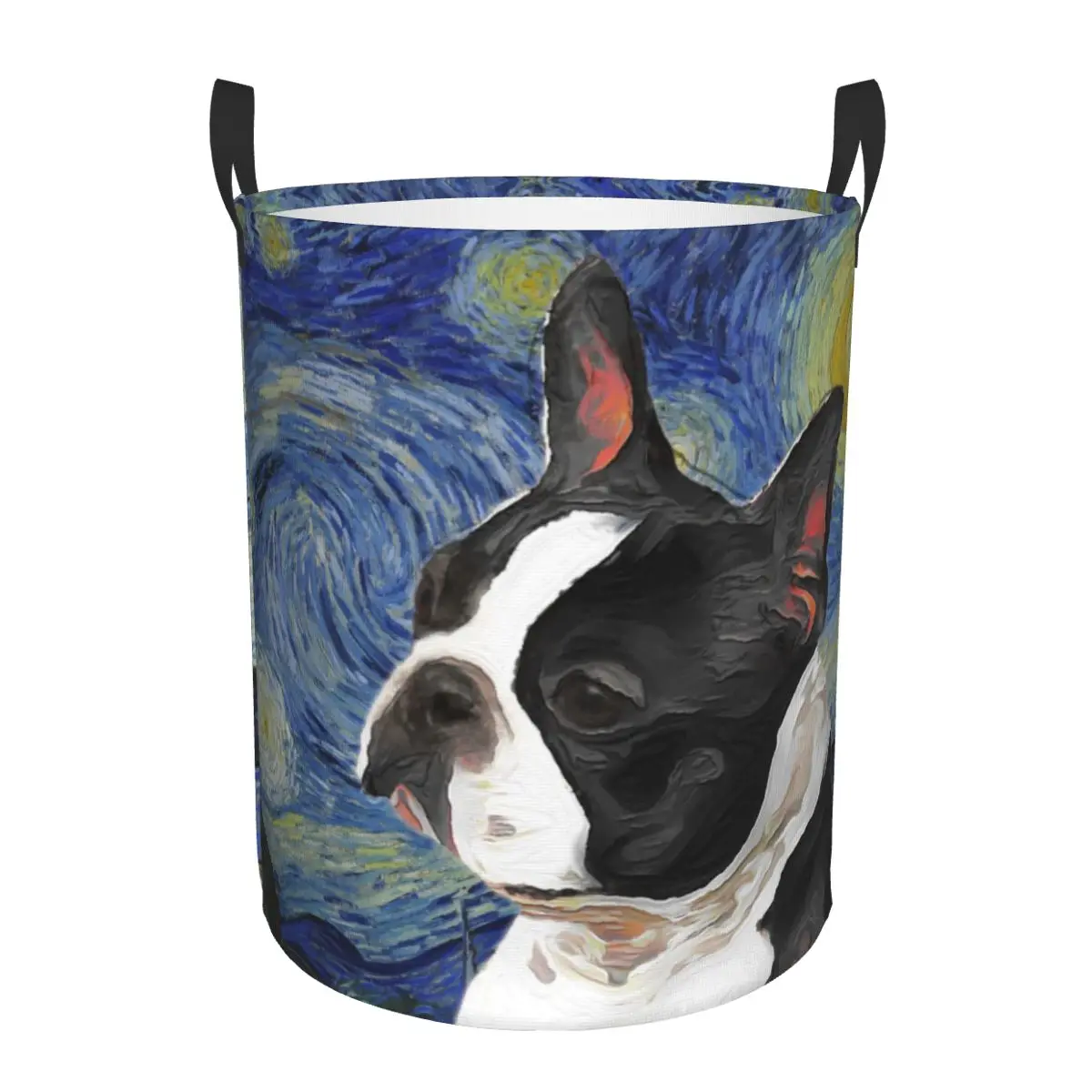 Boston Terrier Art Van Gogh Starry Night Laundry Hamper Large Clothes Storage Basket Puppy Dog Art Animal Toys Bin Organizer for