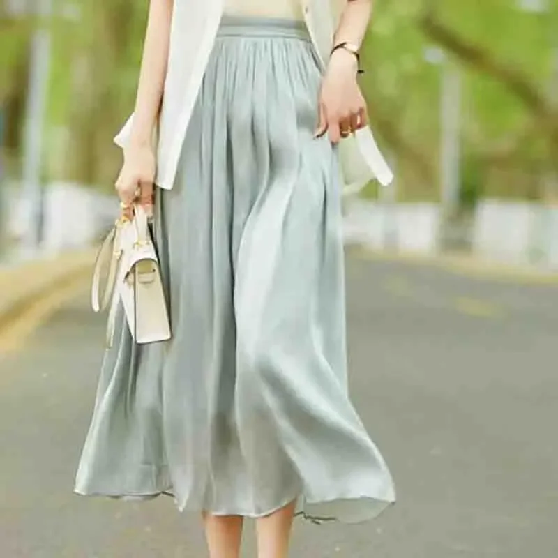 

2025 Women Gilded Gauze Pearl Skirt Lady Spring Summer New High Waisted Slimming Thin Style Draped Pleated Large Hem Long Skirt