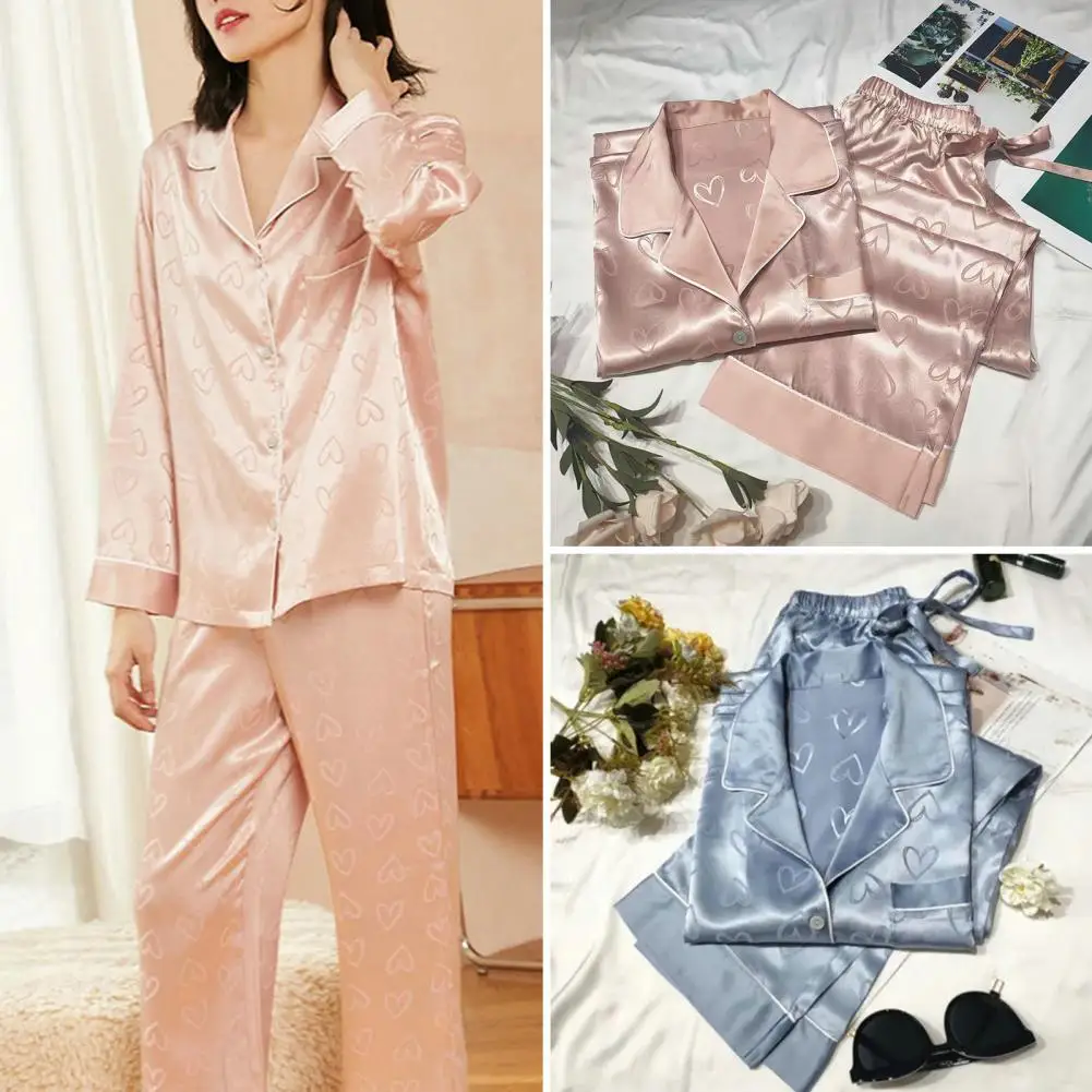 Ice Silk Couple Pajamas Women and Men's Long sleeved Home Furnishing Set Jacquard Loose home pajamas two piece set