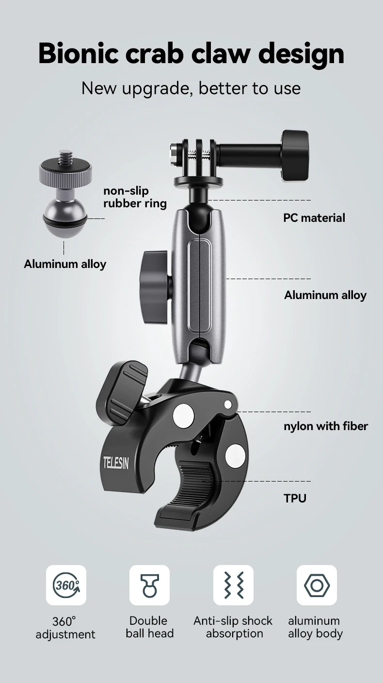 TELESIN Radfahren Motorrad Clip Magic Arm 360° ° Aluminiumlegierung Super Clamp 1/4" Loch für Kamera GoPro Handy Action Kamera – Detail 10