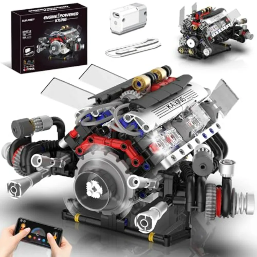 

Модель двигателя V8 с мотором и подсветкой, 664 детали, с видимым движением поршня, механическая STEM-игрушка для автолюбителей и взрослых, красный металлик