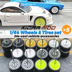 1/64 Wheels with Detachable Slick Rubber Tires Ten Spokes for Toy Model Diecast Cars Refiting Parts for Hotwheels (5 Sets)