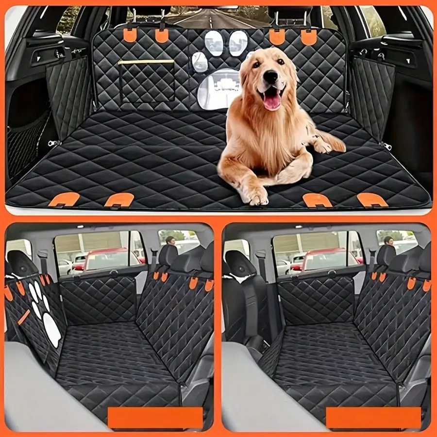 Waterproof Dog Car Back Seat Cover With Breathable Mesh Window Heavy Duty Oxford Fabric Anti-Scratch Pet Back Seat Protector With Storage Pockets Side Flaps & Carry Handles Universal For Most Vehicles