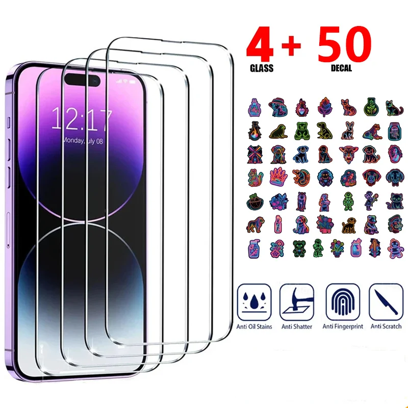 

4Pcs full cover tempered glass screen protector for iPhone 16 pro max protection glass for iPhone 16 plus and 50PCs neon sticker