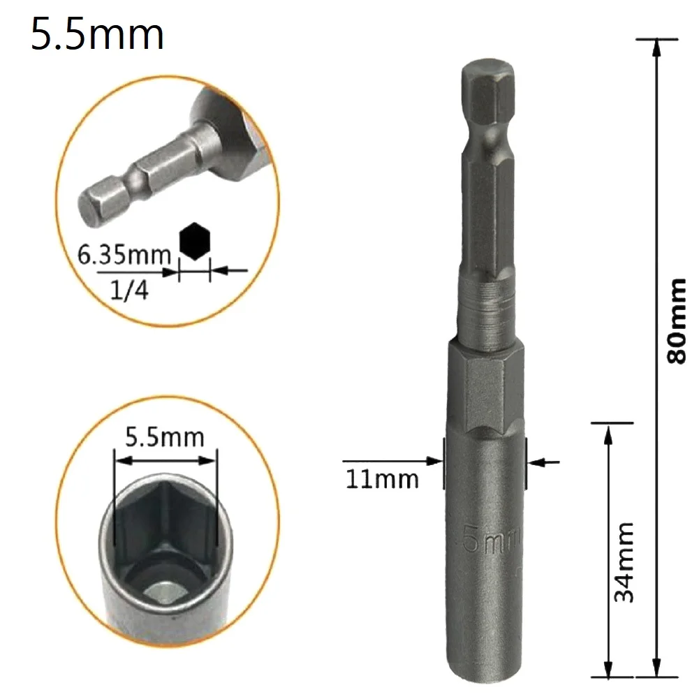 Chrome Vanadium Steel Hex Socket Bit 80mm Total Length And 1/4 Inch Drive Size Compatible With Most Pneumatic Screwdriver Models