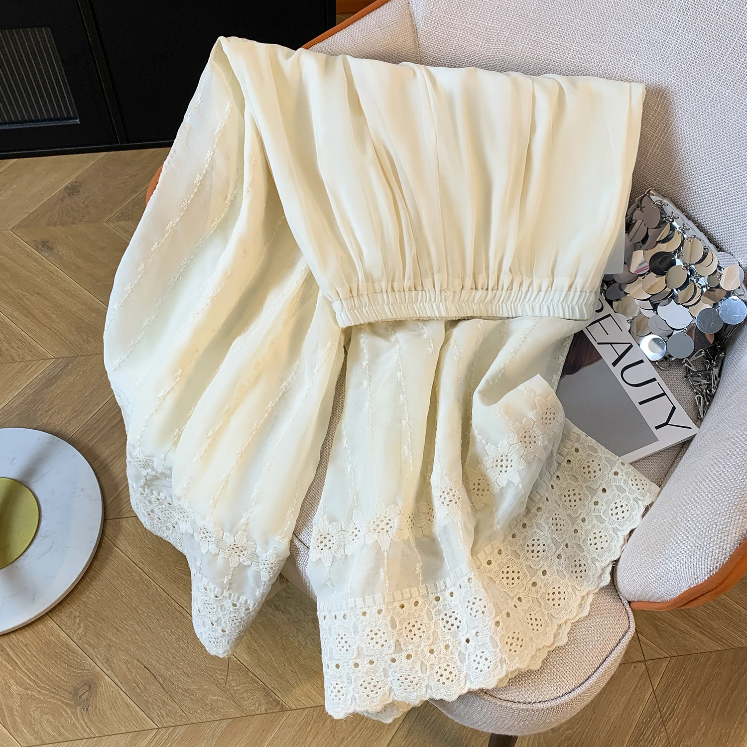 Pantaloni a gamba larga effetto snellente Elastico a vita alta Colore ricamato casual Gonna da donna estiva nuovo arrivo vestibilità ampia