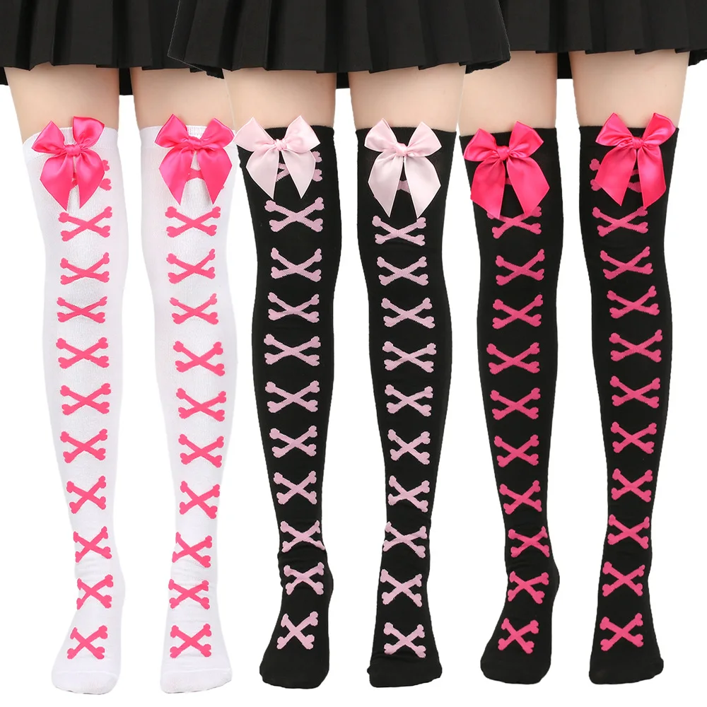 

Women's Socks Bow Tie Black White Autumner Winterstockings Lolita dance dress up knee high Stockings Halloween Bone stockings