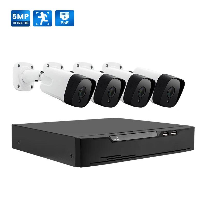 

4-Channel AI PoE NVR CCTV Surveillance System Full HD 5MP IP66 Waterproof Wired Home Security Camera Night Vision Wide Angle