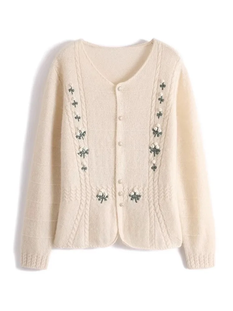 2024 New Autumn Winter Sweet Flowers Embroidered Sweater Women Vintage V-neck Long Sleeve Peal Button Knitted Cardigan Coat Pink