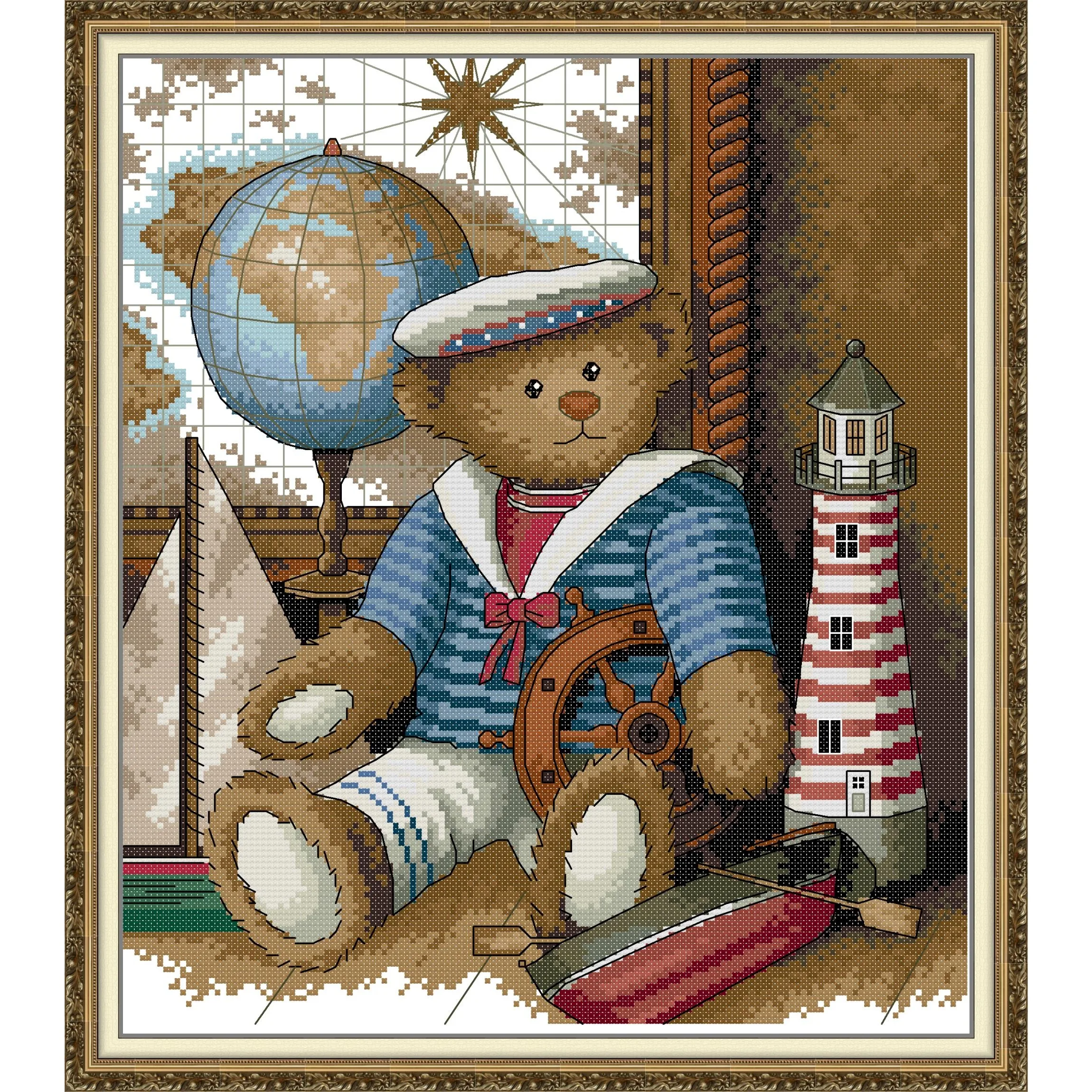 

Soulgift News Pre-Printed Cross Stitch Kit, Stamped Aida Fabric with DMC Threads, Embroidery Kit - Sailor Bear