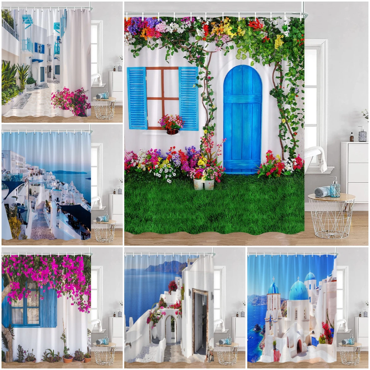 

Greek Town Shower Curtain Greek Street View Sea View Blue Door Greece Scenery Bathroom Curtain Flower Plant Bath Decor with Hook