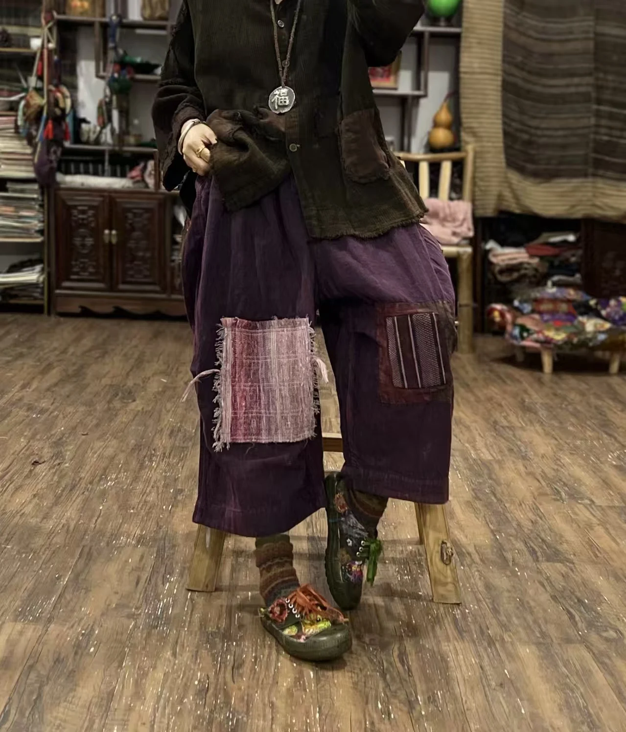 

Original Design Patchwork Tapestry Wide Leg Pants Retro Distred Double Layered Linen Trousers Artistic Zen Sle Ladies Hi...