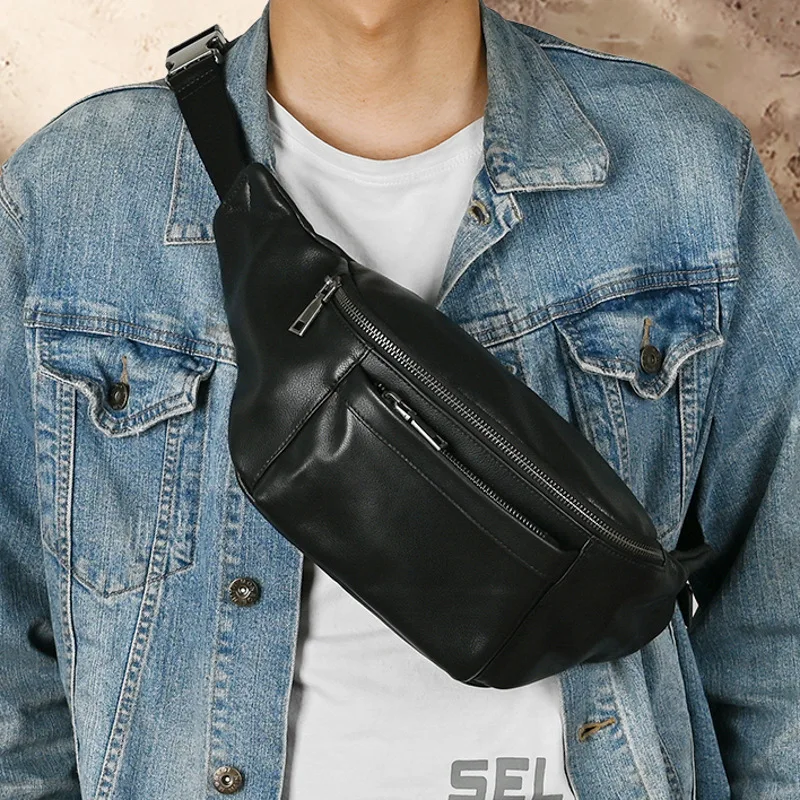

Sleek Black Leather Genuine Cowhide Fanny Pack Casual Crossbody Waist Bag for Men Multi Pockets Travel Chest Bags