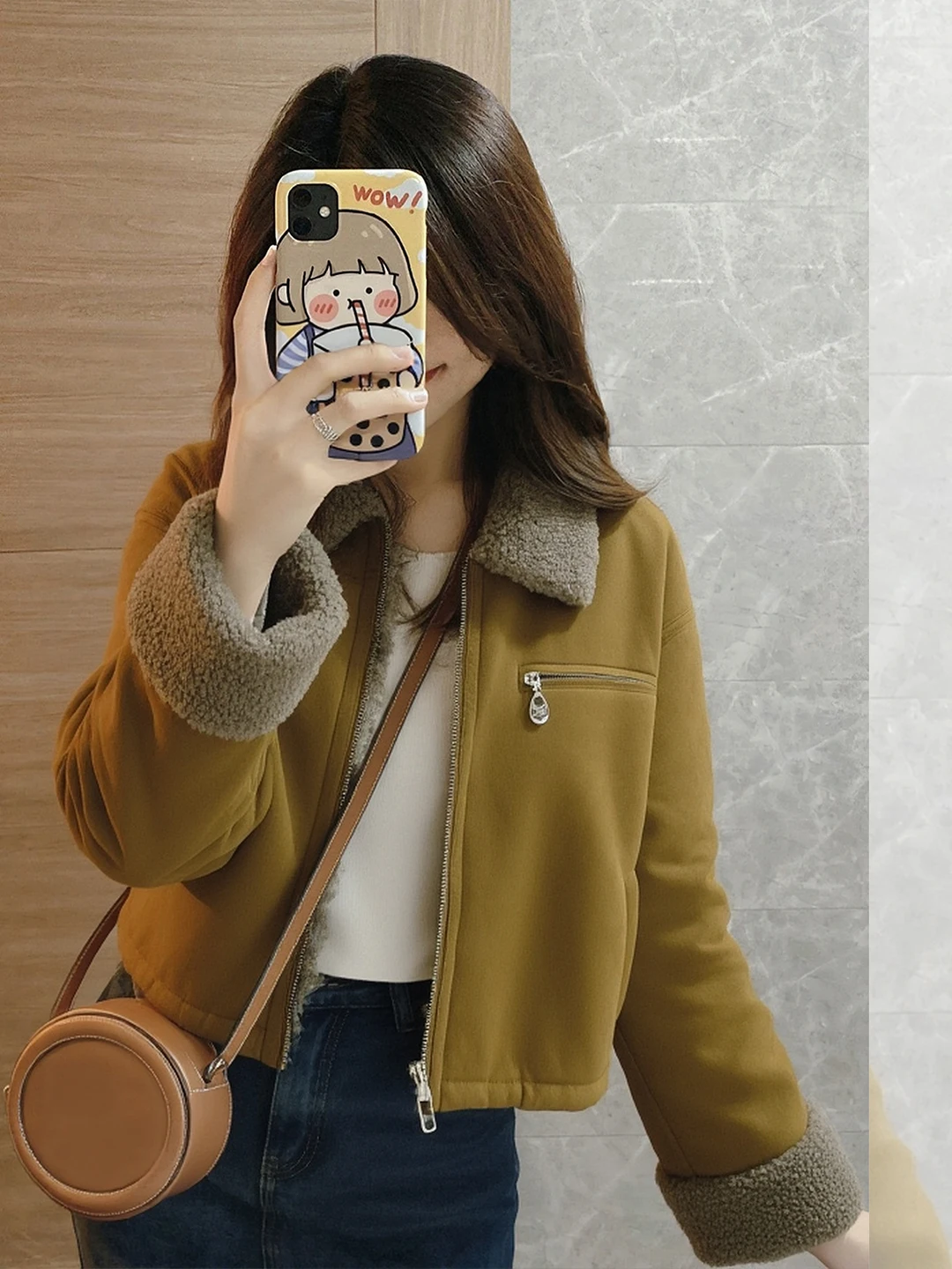 Abrigo de piel de cordero de gamuza marrón para mujer, ropa de abrigo transpirable con cuello de piel y piel, invierno, 2026