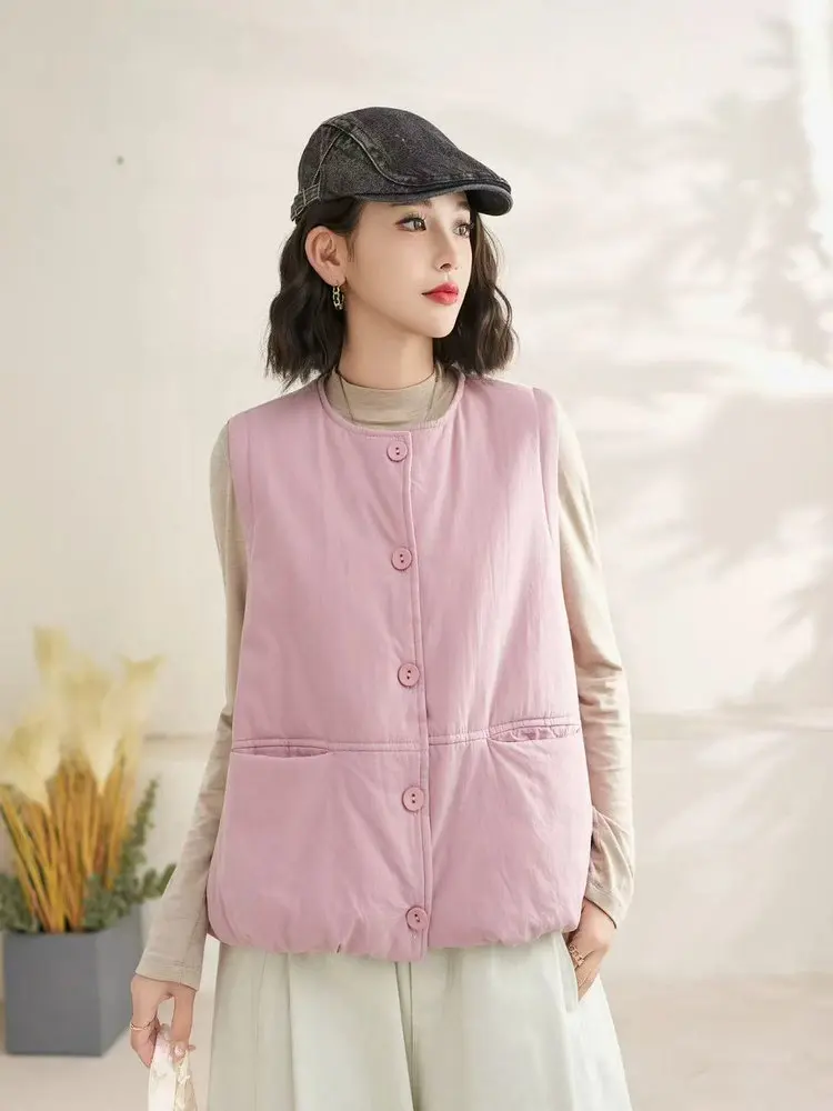 Winter New round Ne Svel Cotton Filled Warm Vest Women's Open Cardigan Top Thiened Commute Sle Pure Color