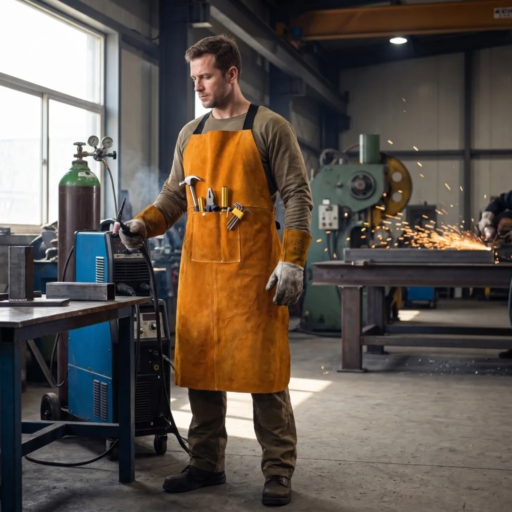 Orange Thick Cowhide Welding Apron Cowhide 90cm*60cm Pocket Design Welding Gear Orange Welder Protective Leather Apron