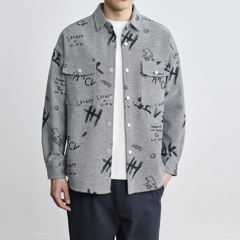 New Jacquard Casual Denim Jacket Korean Version Fashionable Men Business Travel High-Quality Slim Fit Letter Print Collar Jacket