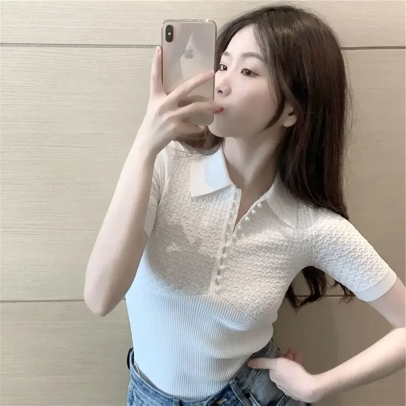 

Woman T Basic Youth Short Sleeve Tee Aesthetic Luxury New Polo Neck Shirt for Women White Button Plain Pulovers Youthful Clothes