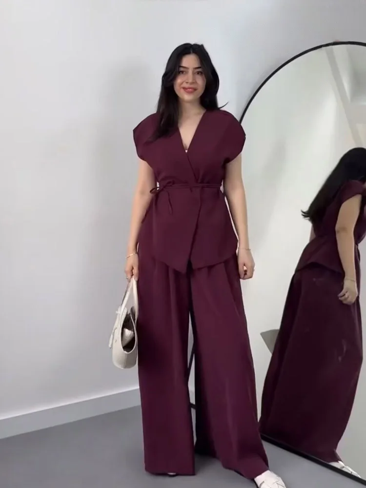 

HH женский комплект из 2 предметов, элегантный пояс с v-образным вырезом, украшение, тонкие жилеты, топ + высокая талия, молния, пуговицы, повседневные свободные длинные брюки, 5 цветов