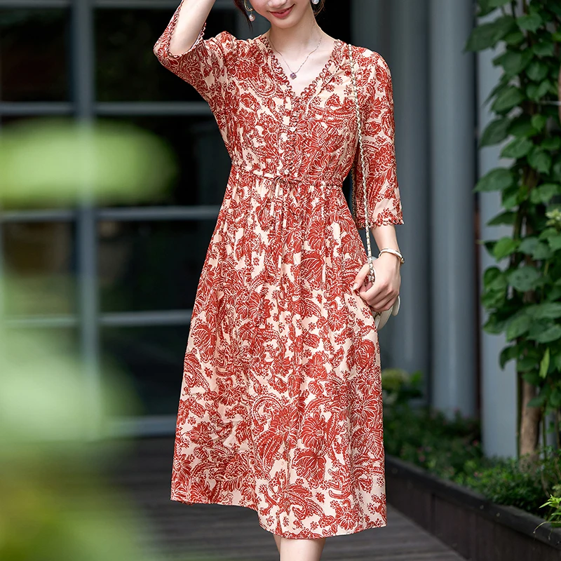 100% Real Silk Summer Dresses for Women 2026 Elegant Fashion V-neck Three Quarter Sleeve Vintage Print Woman Holiday Long Dress