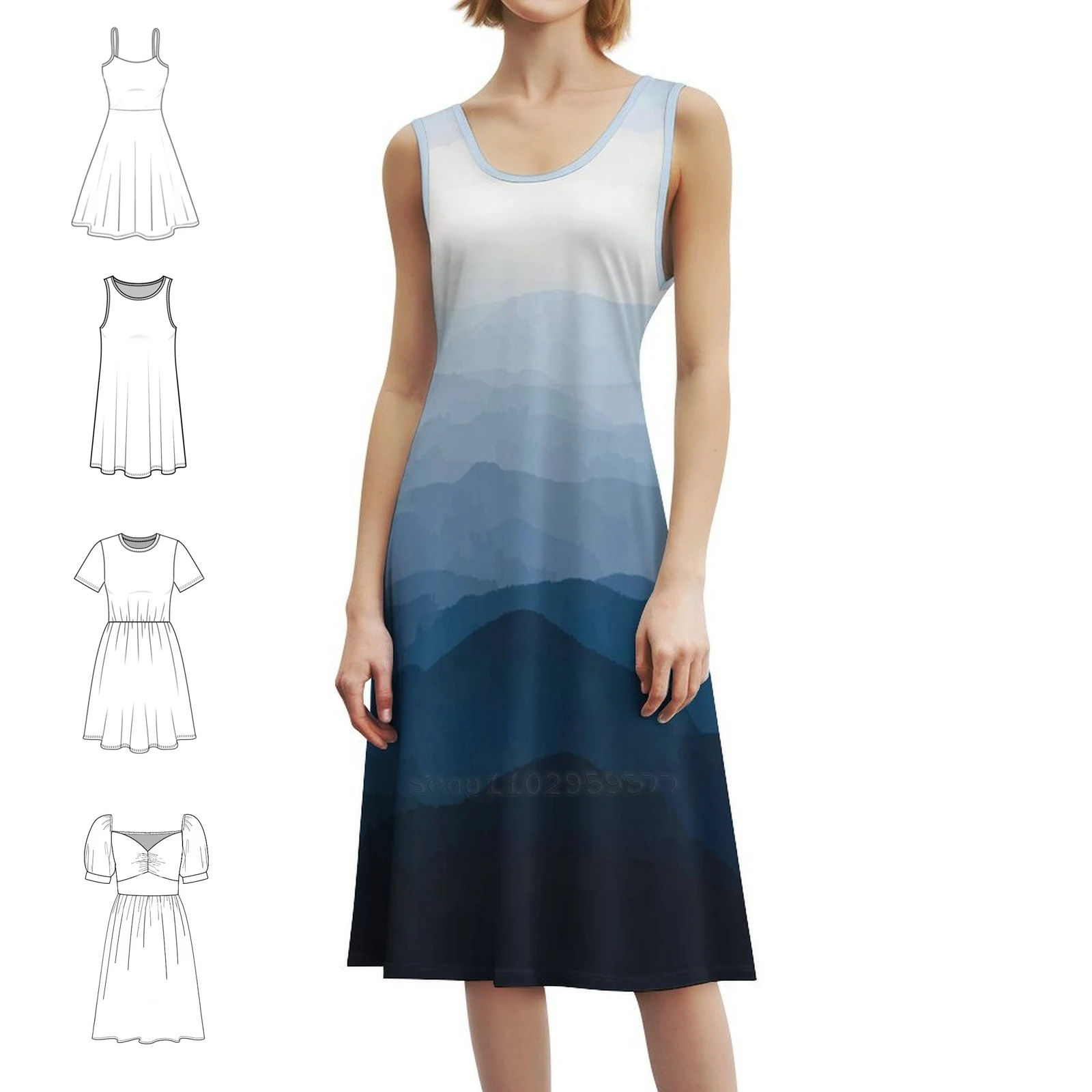 فستان Blue Misty Mountains على الطراز الكوري للنساء، فستان كاجوال أنيق للحفلات أو الارتداء اليومي، جبال زرقاء، طبيعة المناظر الطبيعية #1