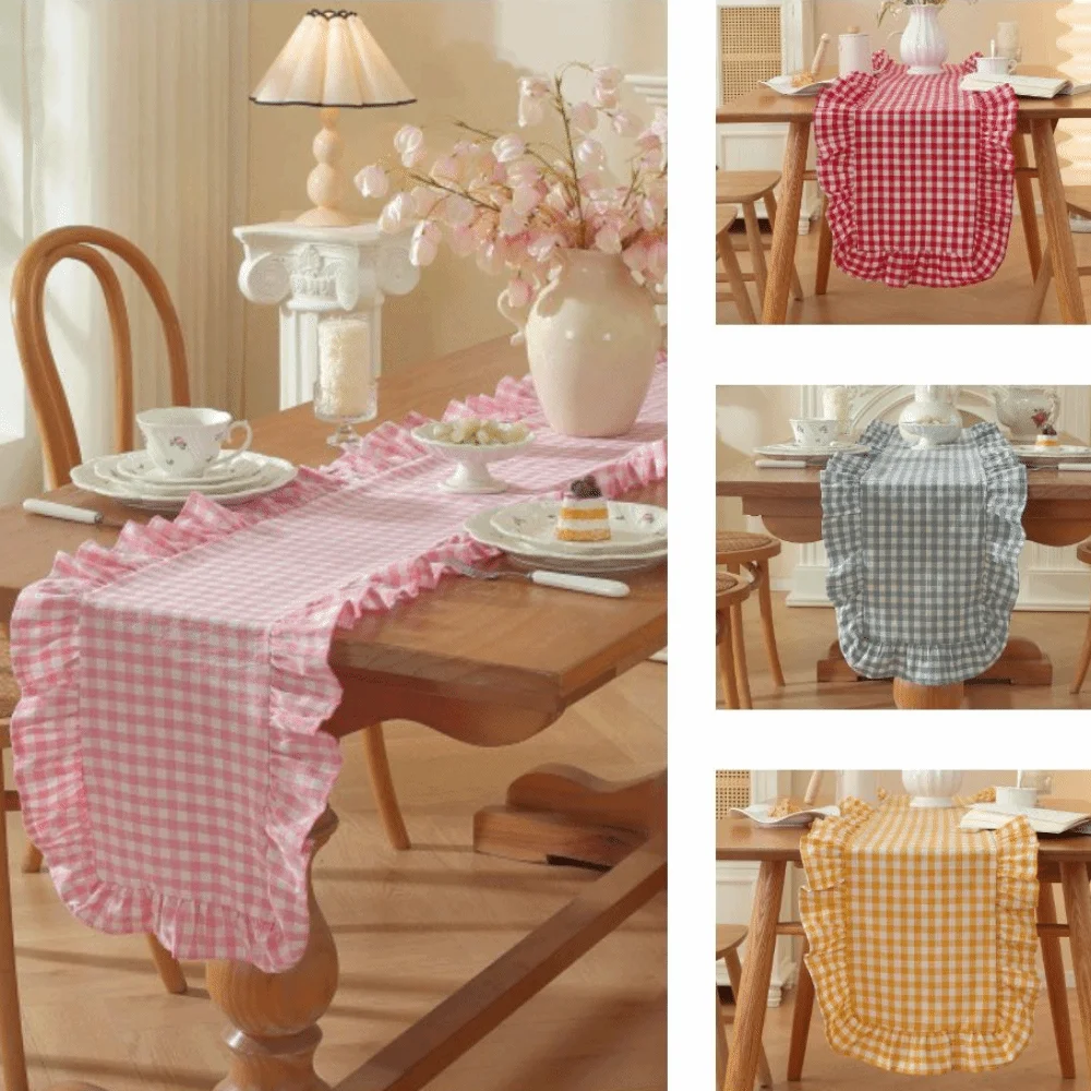 Washed Cotton Table Runner Ruffle Edge Soft Table Scarf Rectangular Gingham Check Runner Washed Cotton Ruffle Home Table Setting