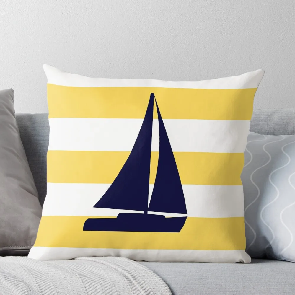 

Nautical Navy Blue Sailboat On Mustard Yellow Stripes Throw Pillow autumn decoration Pillow Case Rectangular Cushion Cover