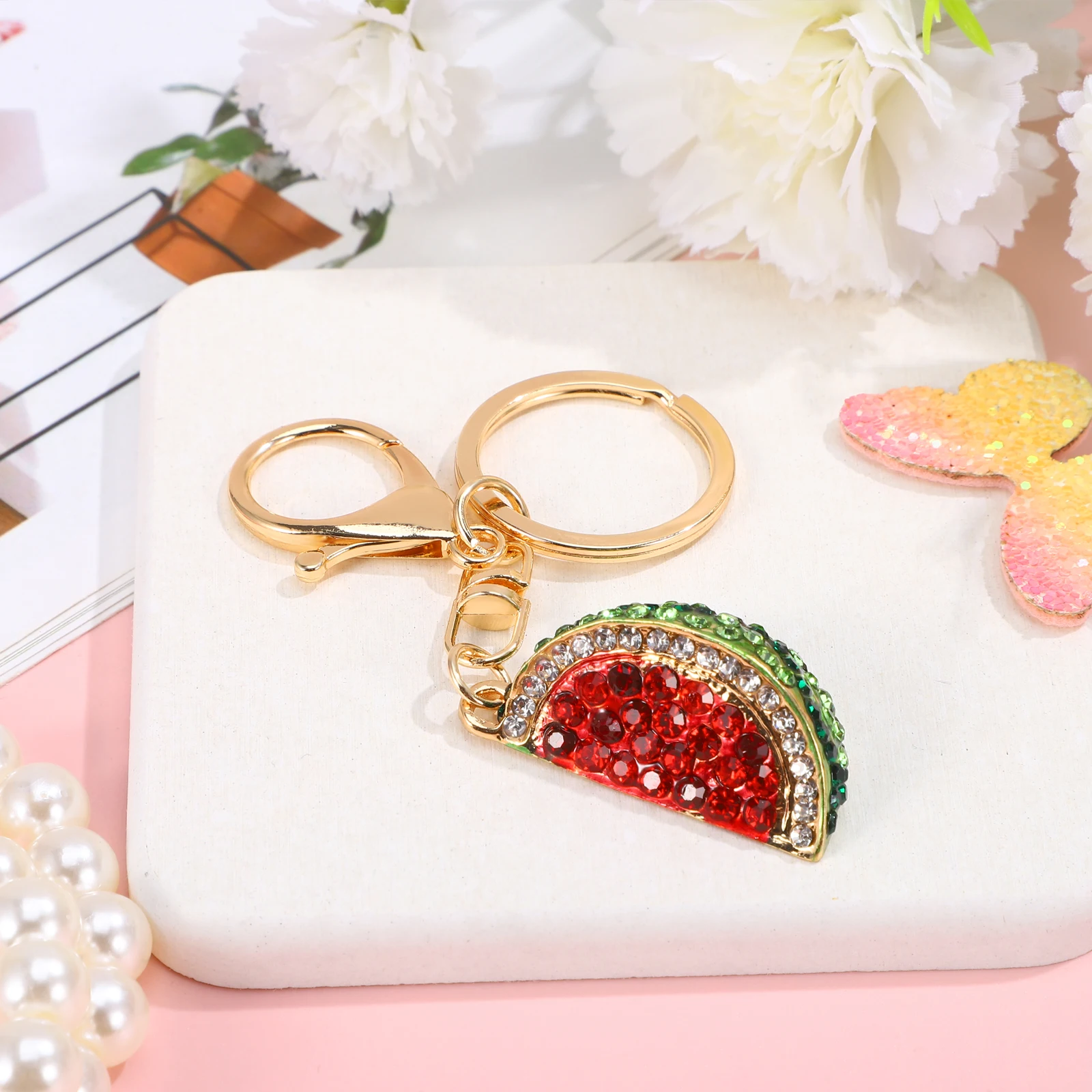 

Fruit Keychain Bag Charm Watermelon Handbag Chains Cute Mini Hanging Ornament Shiny Slices Keyrings Decorative Pendant