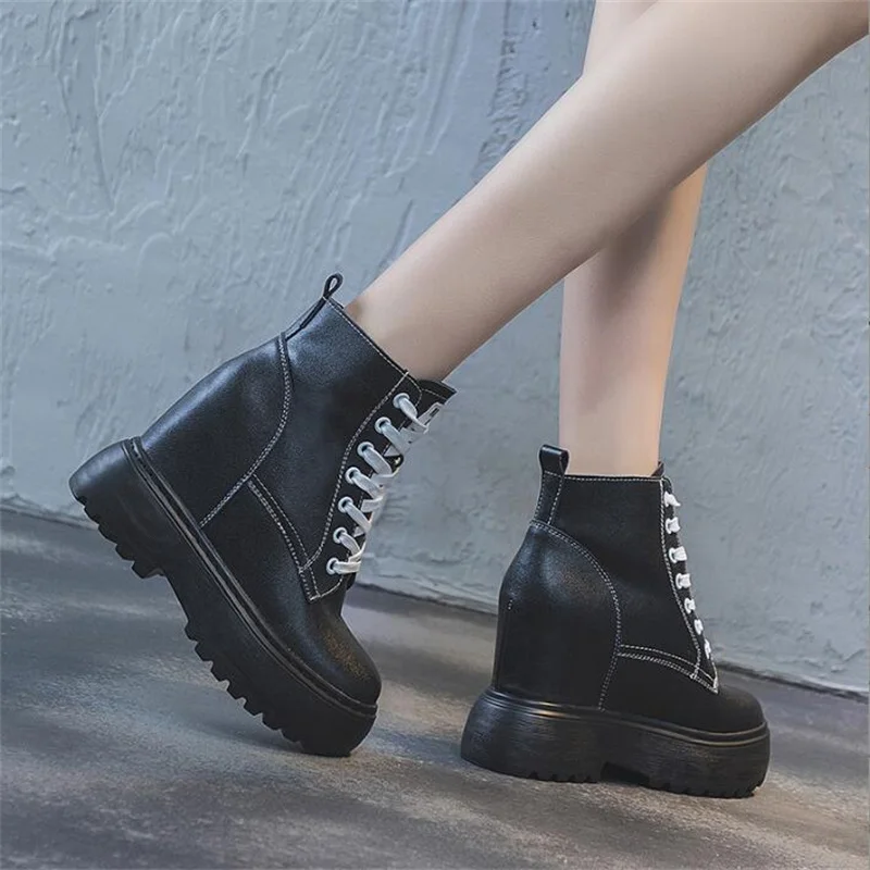 11cm Cow Genuine Leather Winter Plush Autumn Women Boots Knee High Platform Wedge Pumps Spring Hidden Heels Black Fashion Shoes