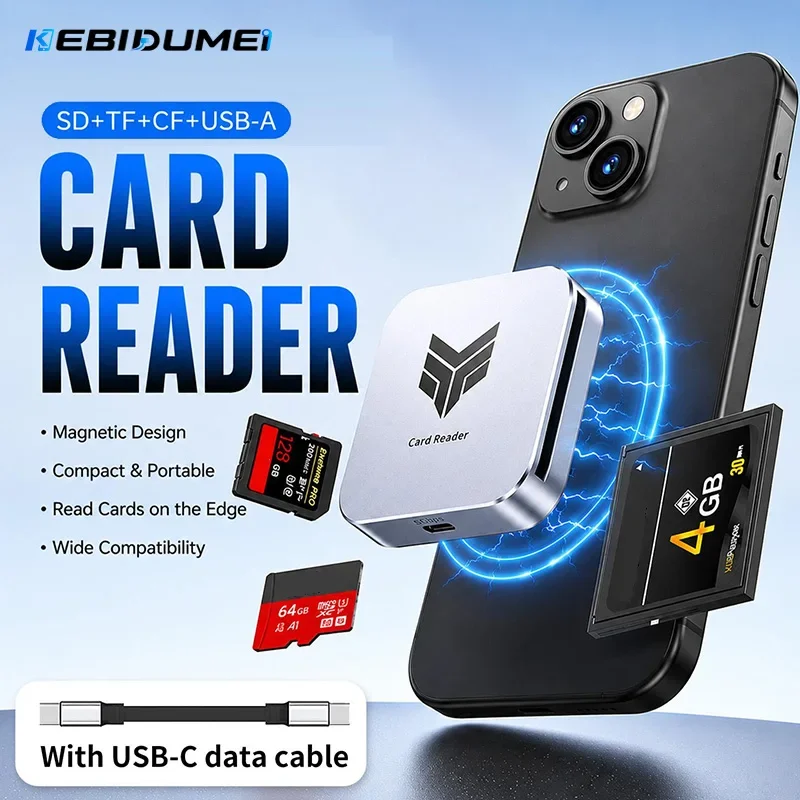 KEBIDUMEI 4-in-1 Magnetic Card Reader with CF/SD/TF/USB Ports USB-C/A High-Speed Adapter for Phone Laptop Camera Data Transfer