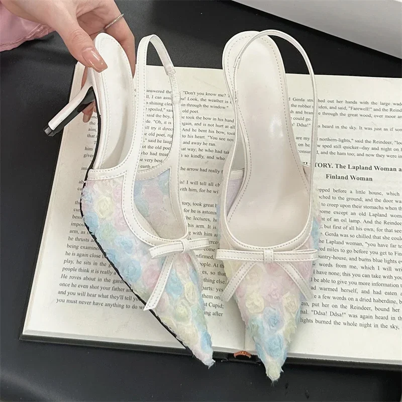 Women's White 3D Floral Bow Pointed Toe Slingback Pumps, Thin Stiletto Heels, Romantic Wedding Bridal Evening Party Footwear