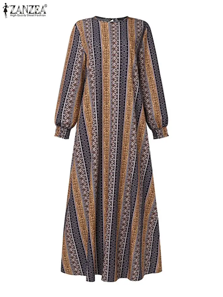 Bohemain Autumn Maxi Dresses ZANZEA Muslim Turkey Abaya Hijab Sundress Robe Femme Vintage Long Sleeve Printed Vestidos Islamic