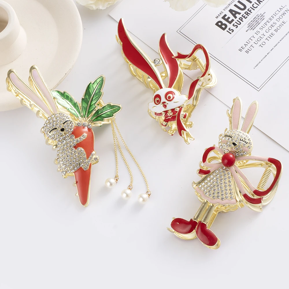 Rhinestone Rabbit Carrot Pearl Tassel Hair Claw For Women Cute Crab Hair Clip Barrettes Hairpin Female Ponytail Hair Accessories