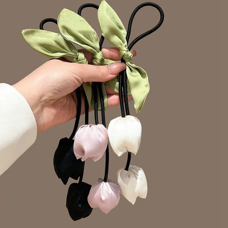 Sweet Pink Tulip Hair Rope for Women Girls Flower Bud Cloth Bowknot Flower Tassels Elastic Rubber Bands Styling Accessories Gift