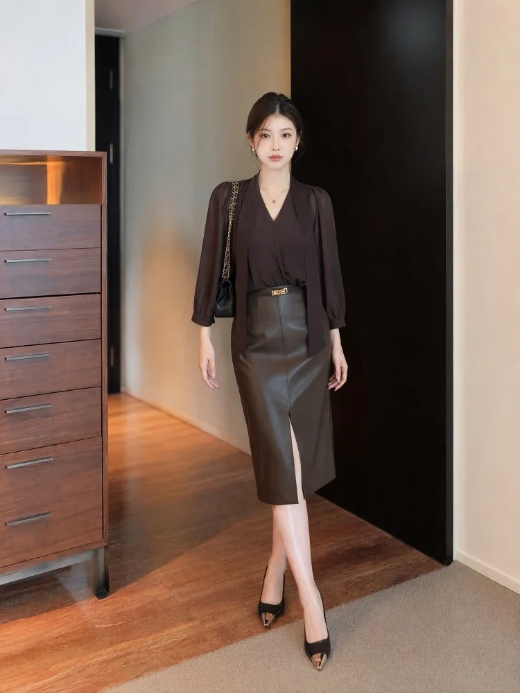 Brown PU Leather Midi Skirt for Women High Waist Pencil Skirt Front Slit Straight Wrap Bodycon Skirt Autumn Office Wear
