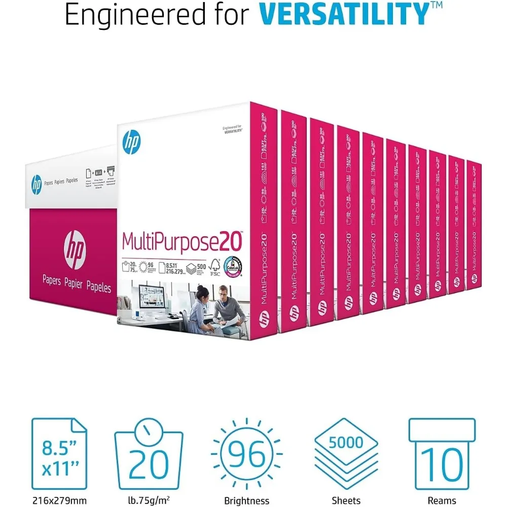 กระดาษอเนกประสงค์ขนาด 8.5 x 11 นิ้ว ใช้ได้กับเครื่องพิมพ์ HP น้ำหนัก 20 ปอนด์ 10 แพ็ค แพ็คละ 500 แผ่น สีขาวสว่าง 96 องศา ผลิตในสหรัฐอเมริกา ได้รับการรับรอง FSC