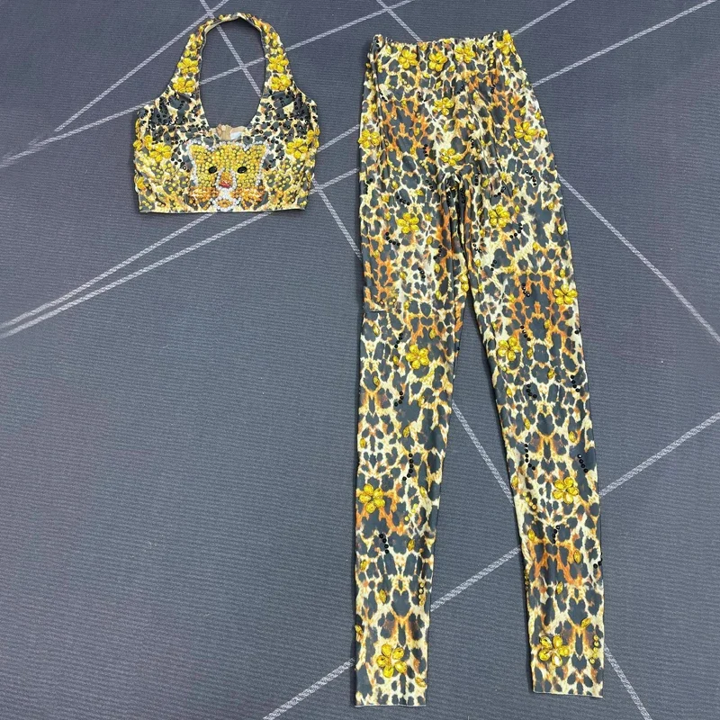 ラインストーンヒョウイベント衣装女性ジャズダンス衣装グループパーティーパフォーマンス服ナイトクラブ Dj Ds レイブ着用