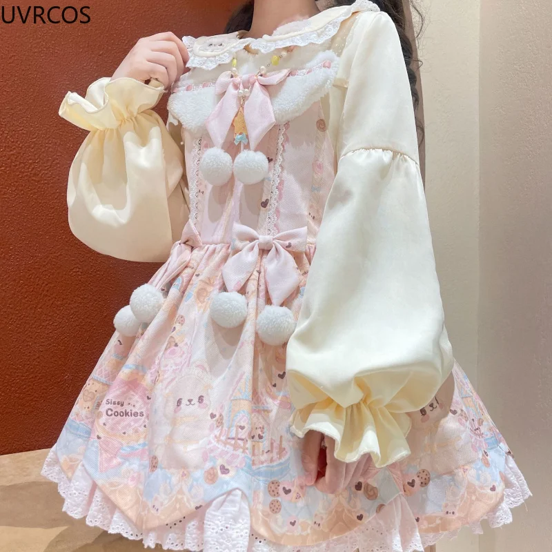 Camicetta giapponese Kawaii Lolita donna Cute Bear Ear ricamo Peter Pan Collar Puff manica lunga JK Basic camicie Casual Blusas Top