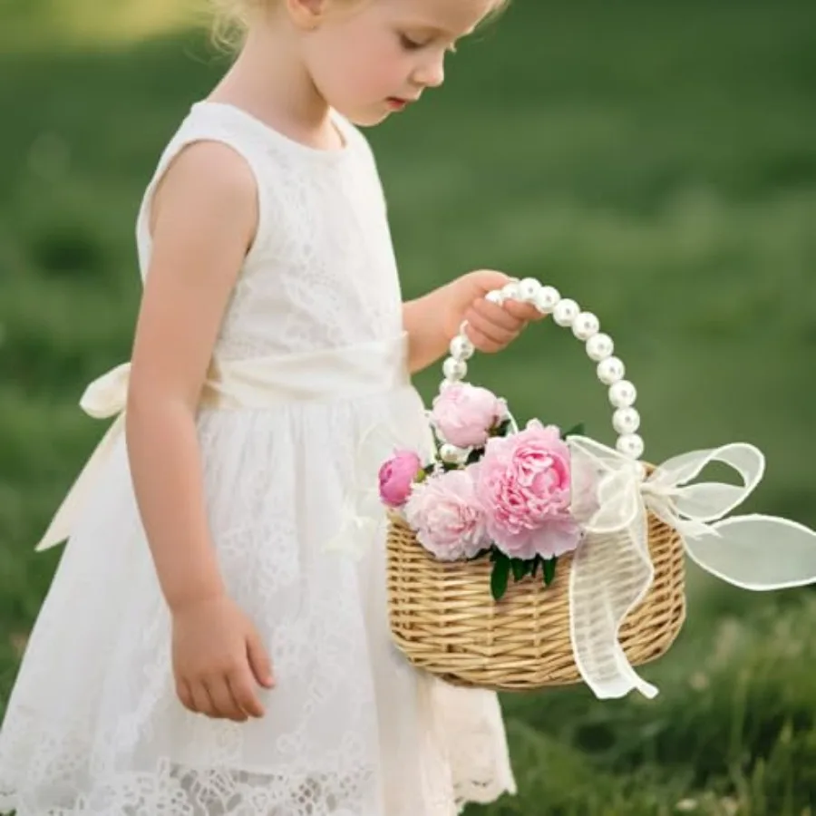 Flower Girl Basket Woven Rattan Wedding Basket with Pearl Handle Lace Bow for Rustic Elegant Flower Holding Perfect for Wedding