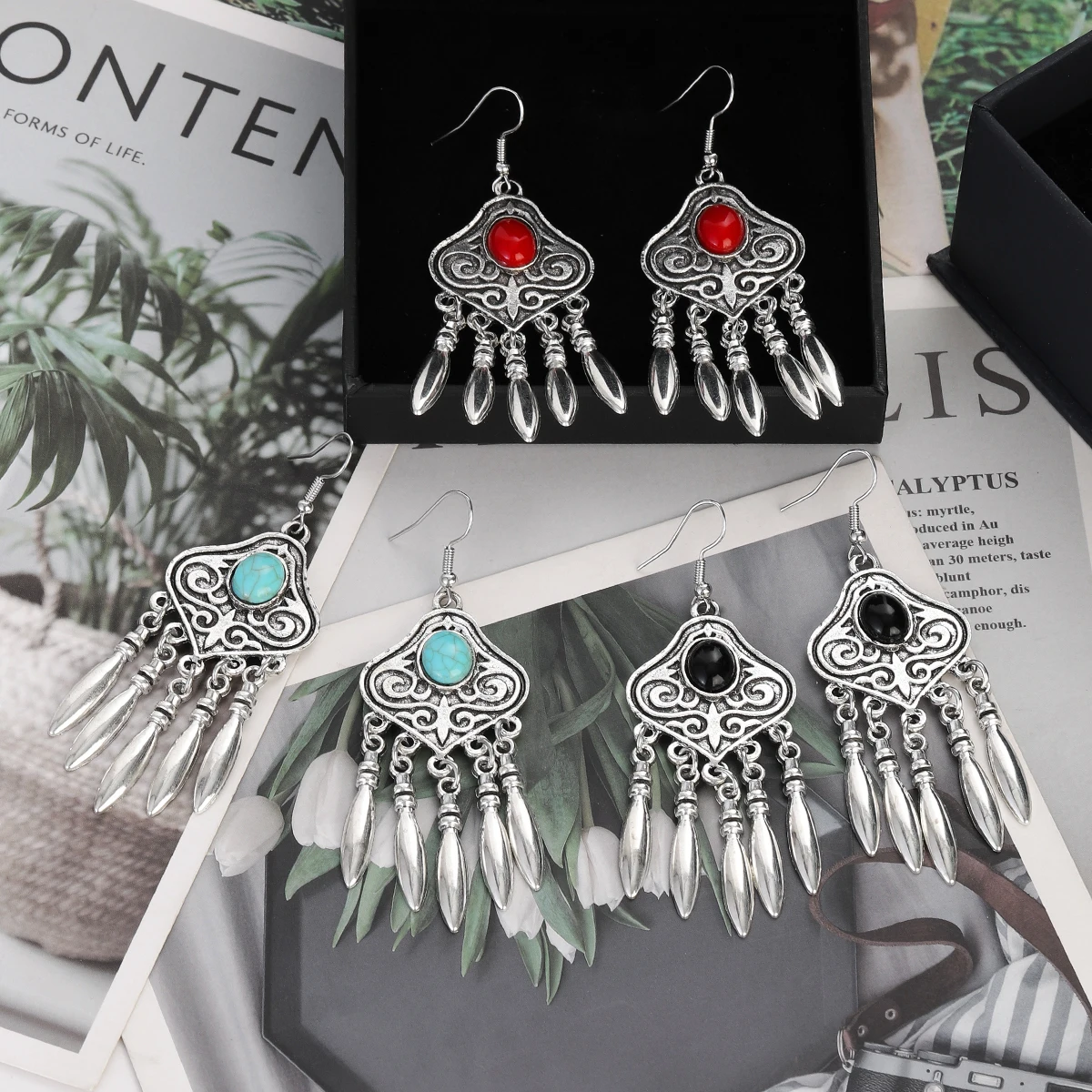 Vintage Ethnic Natural Stone Indian Earrings Jhumka Female Antique Silver Plated Geometric Carved Earrings Party Tassel Jewelry