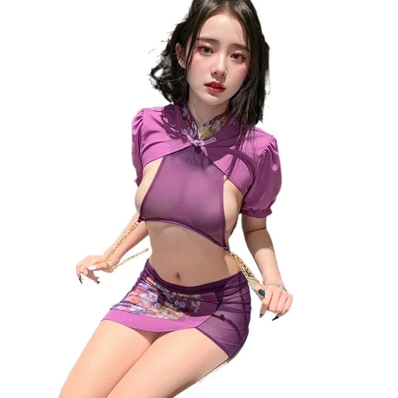 

Sexy Chinese Style Cheongsam Skirt Hollow Out See-through Lingerie Uniform Tempting Porno Traditional Qipao Exotic Charm Costume
