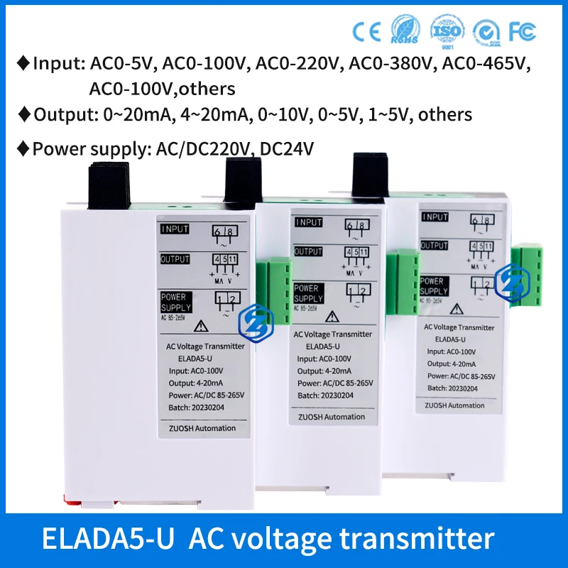 Closed Loop Voltage Sensor Transmitter DC24V Power Supply AC0-100V450V 1000V to 4-20mA 0-10V Analog Output AC Voltage Transducer